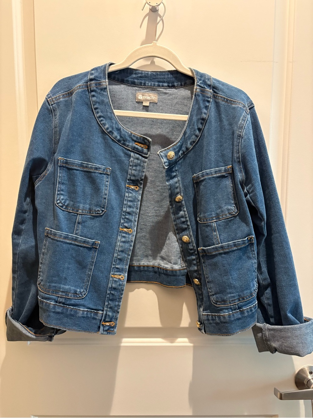 Tractr Blue Cropped Denim Pocket Jacket - Women